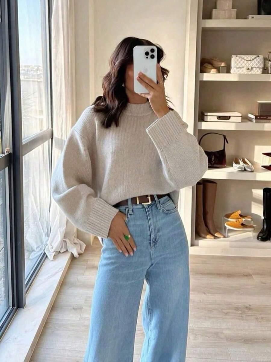 BEŻOWY DZIANINOWY SWETER