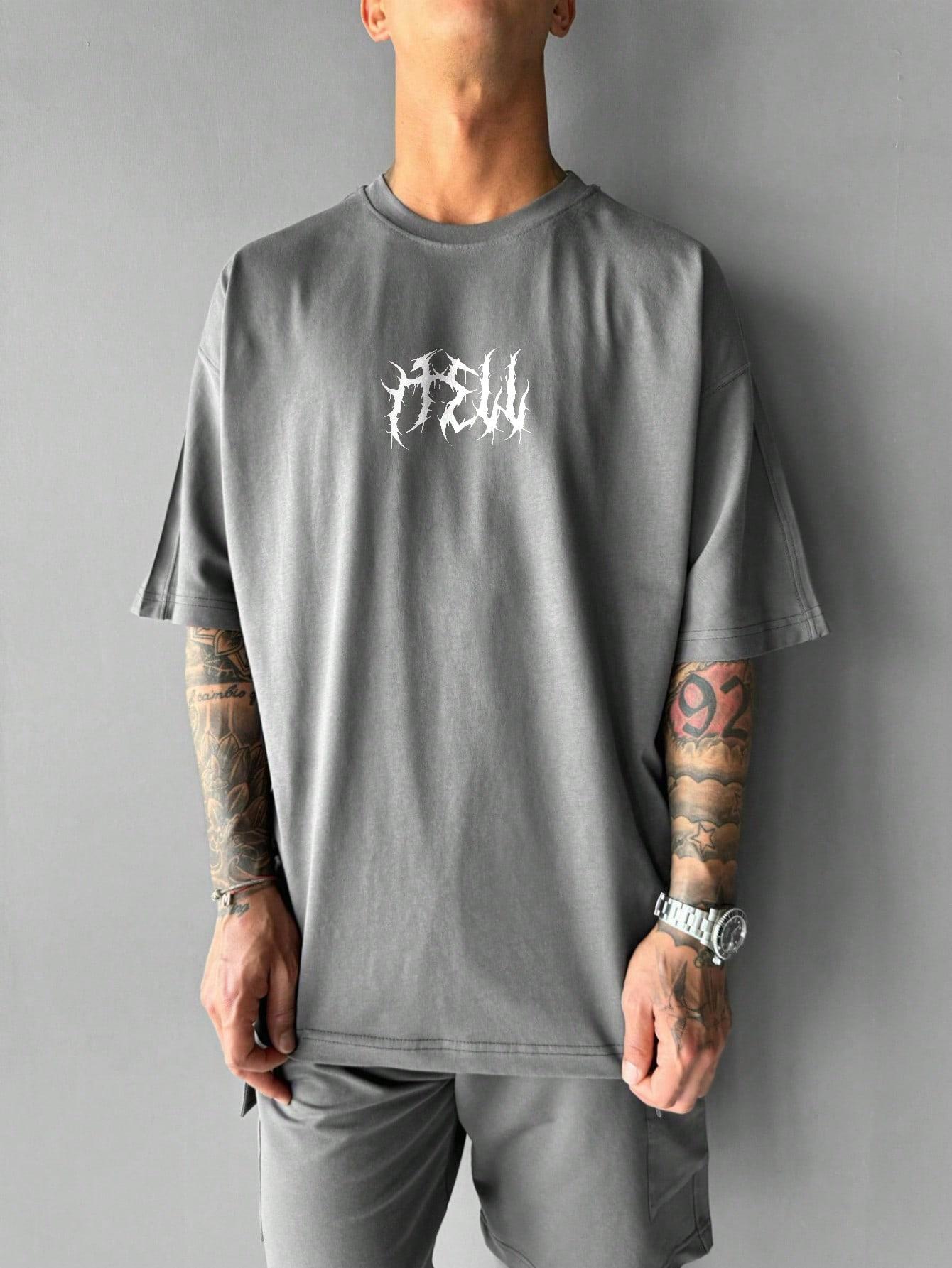 SZARY T-SHIRT OKRĄGŁY DEKOLT PRINT