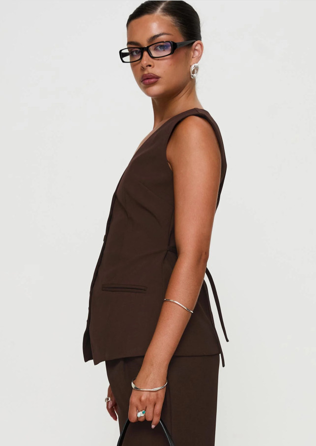 brązowa kamizelka guziki v-neck