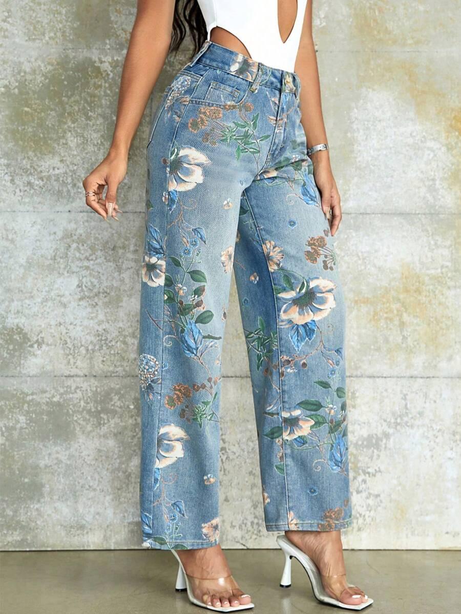 jeansy print kwiaty