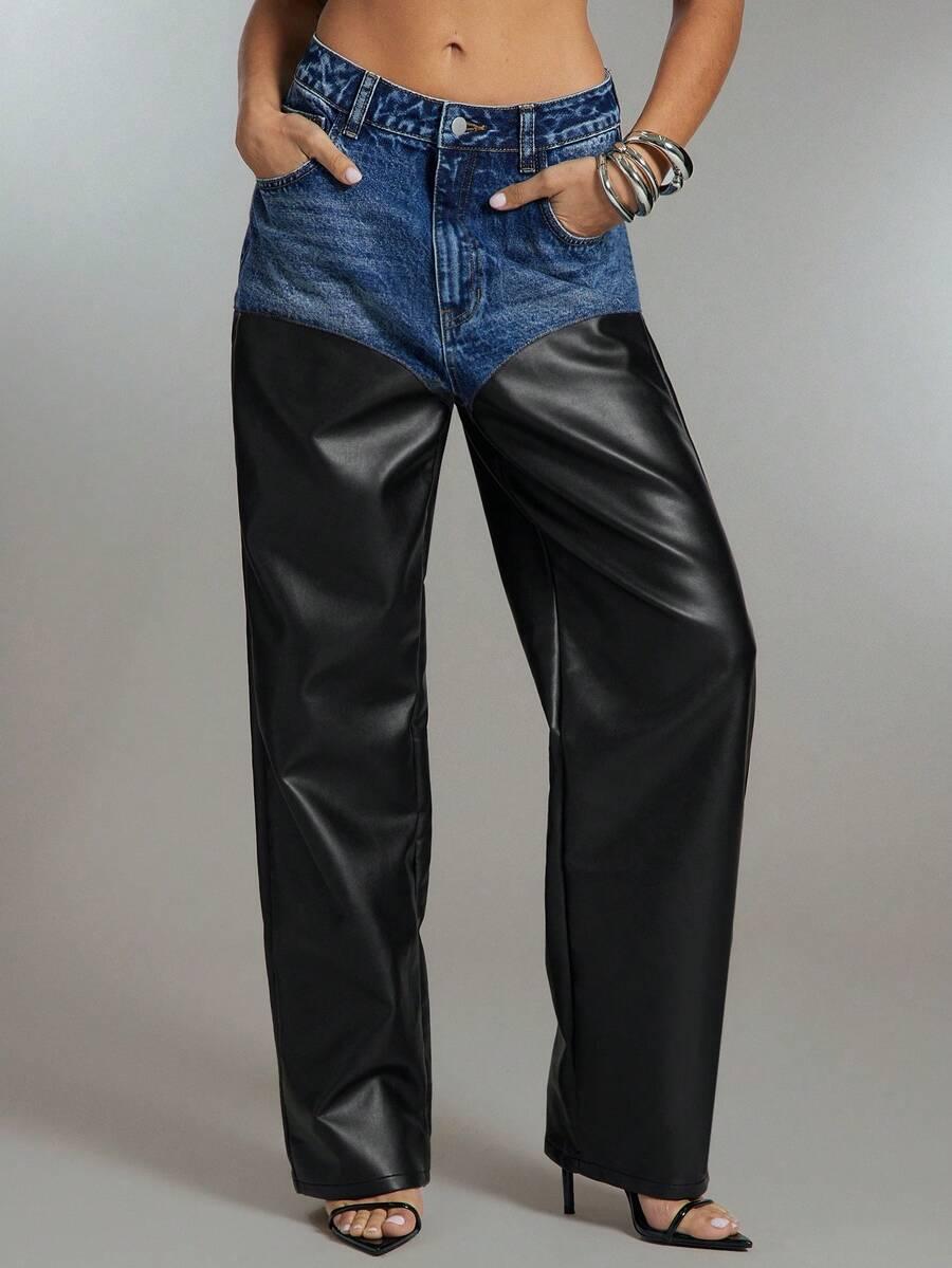 SPODNIE IMITACJA SKÓRY jeans kontrast