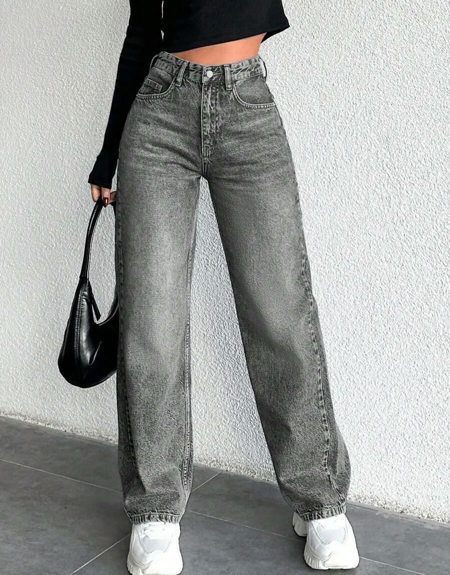 SZARE SPODNIE JEANS WYSOKI STAN 