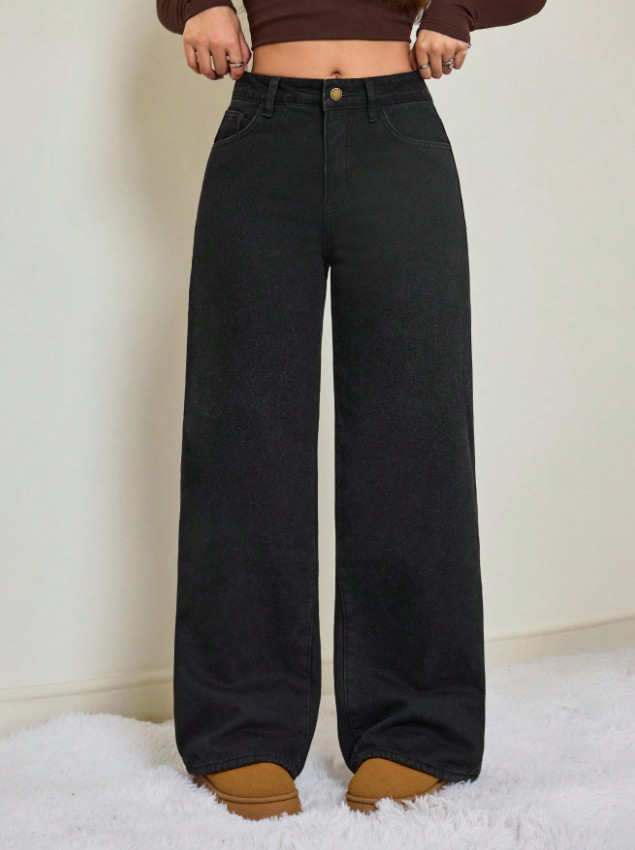 CZARNE OCIEPLANE SPODNIE JEANS