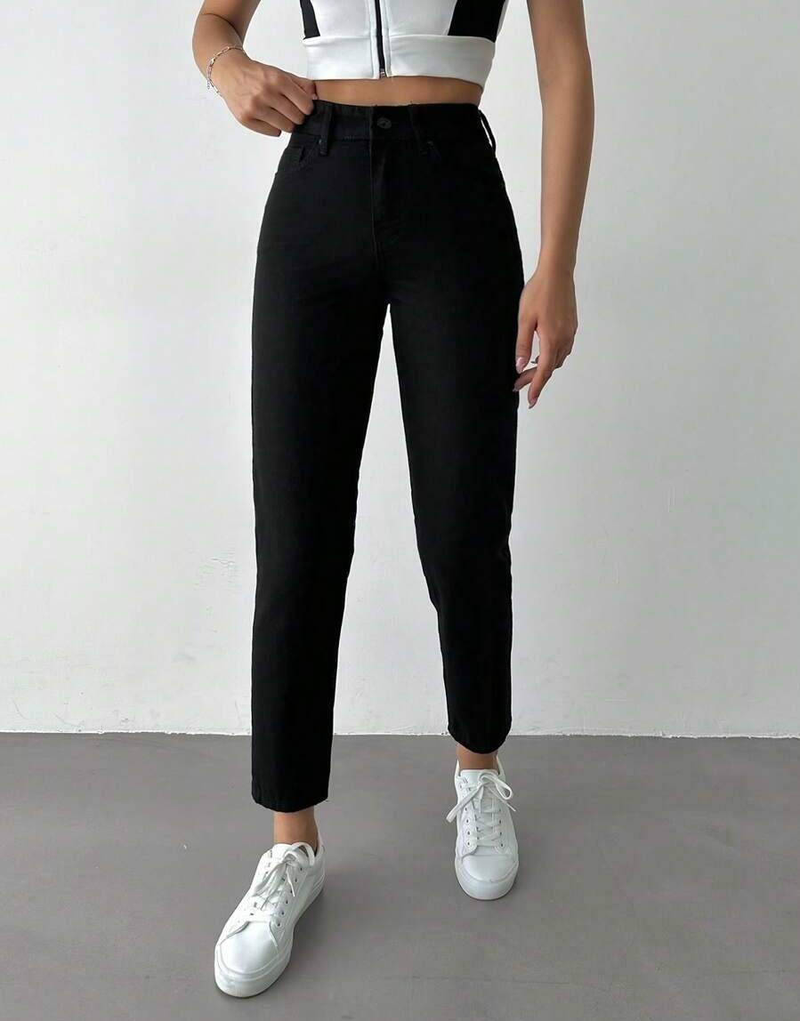 CZARNE SPODNIE MOM JEANS WYSOKI STAN