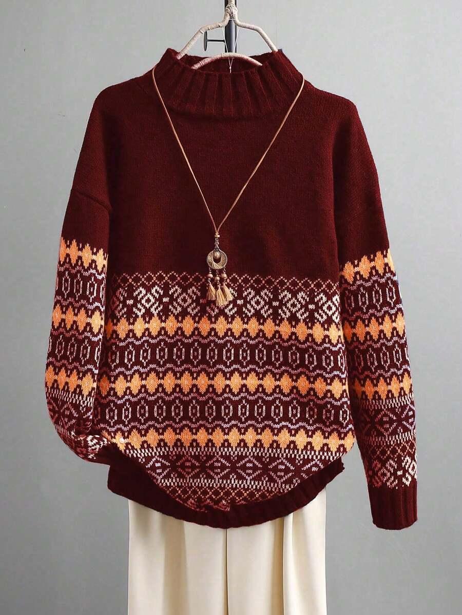 bordowy sweter print 