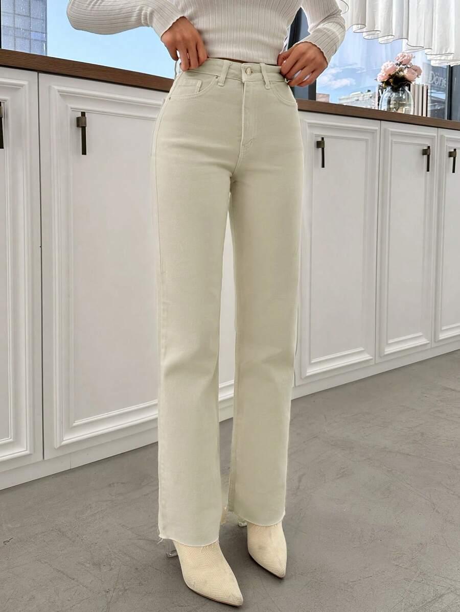 BEŻOWE PROSTE SPODNIE Z WYSOKIM STANEM JEANS ZAMEK