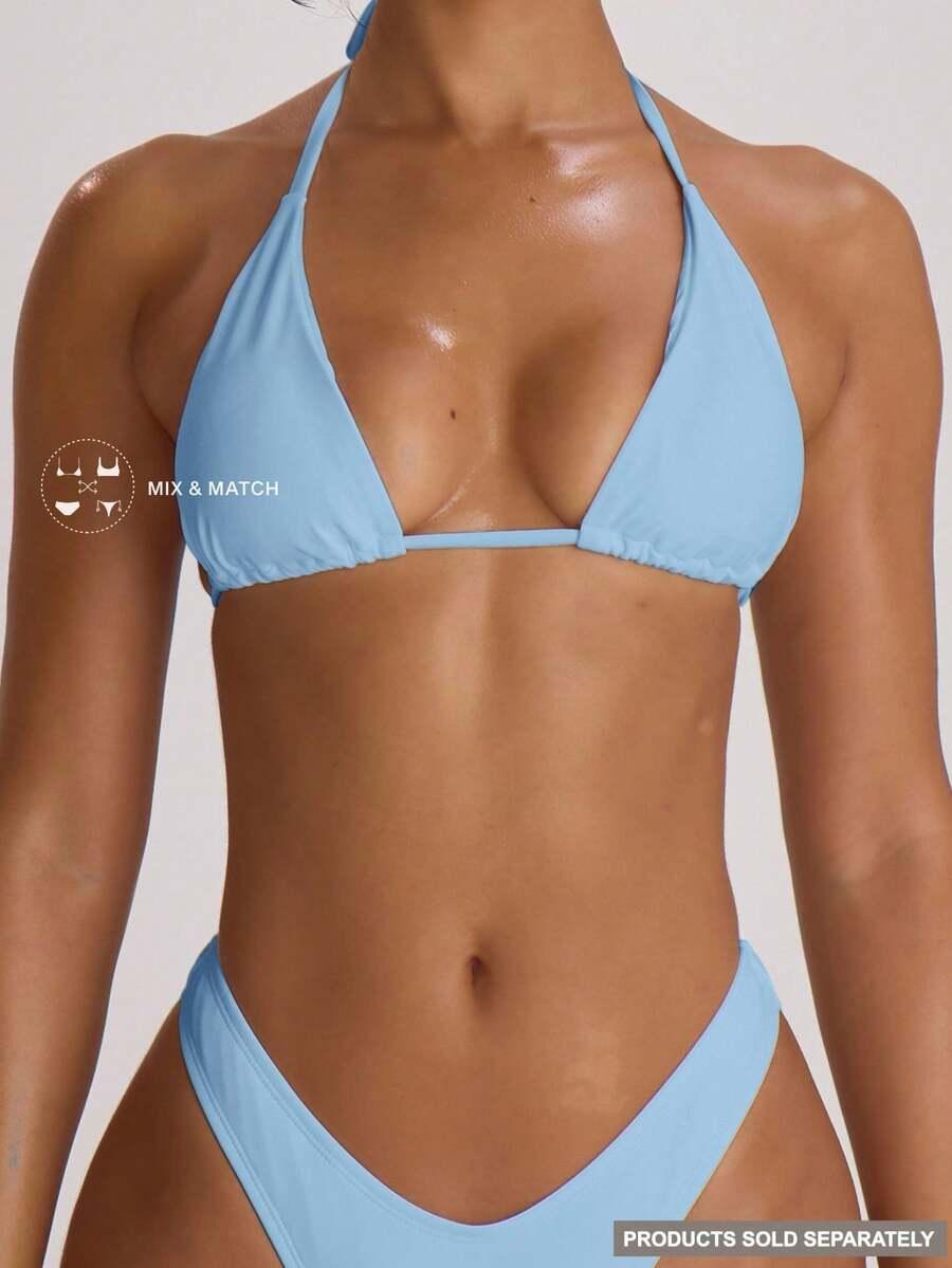 niebieska trójkątna góra od bikini wiązanie