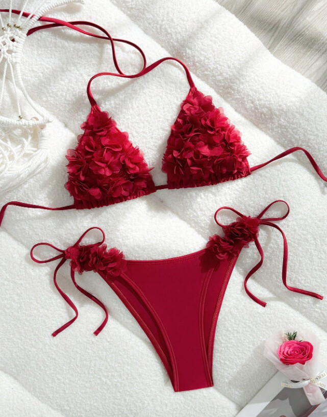 CZERWONY KOMPLET BIKINI ZDOBIENIE 3D