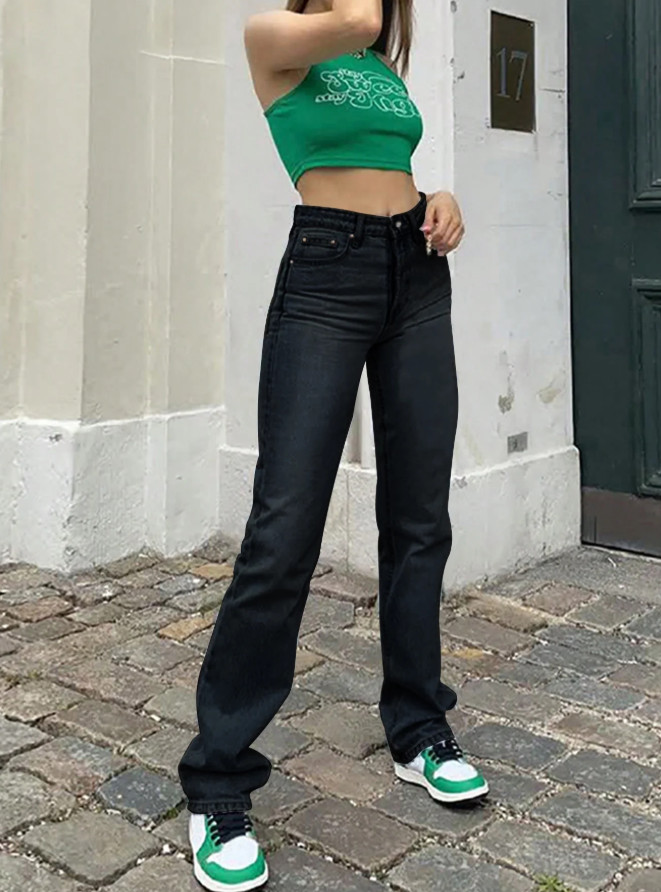 czarne proste spodnie jeans zamek kieszenie