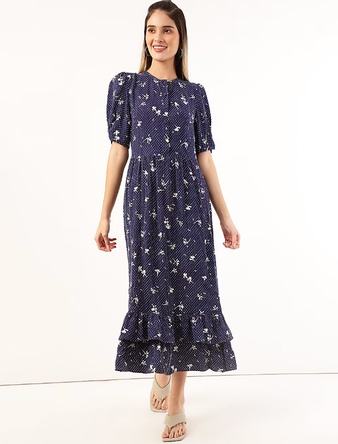 GRANATOWA MIDI SUKIENKA PRINT T69-6008X-F4