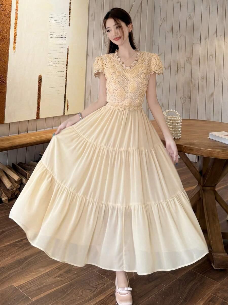 beżowa maxi sukienka v neck 
