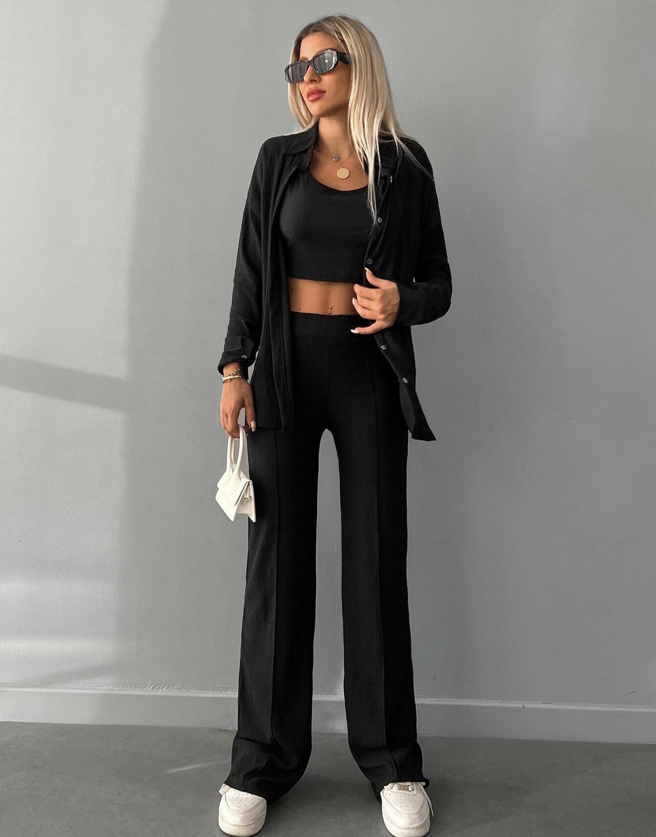 CZARNY KOMPLET TEKSTURA CROP TOP KOSZULA SPODNIE CASUAL