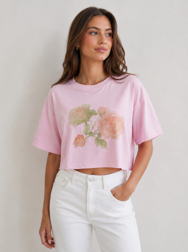 różowy t-shirt print kwiat