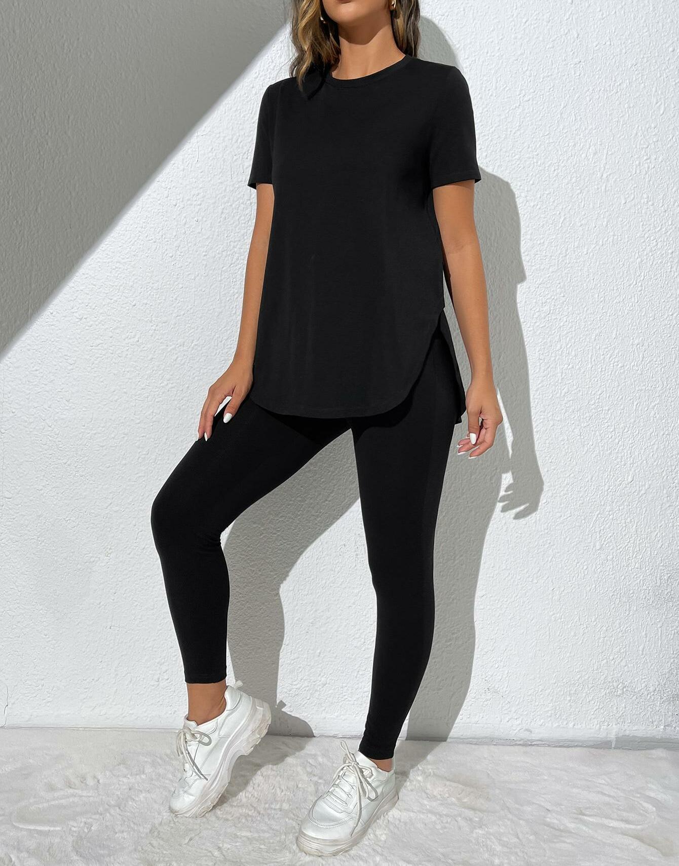 CZARNY T-SHIRT LEGGINSY KOMPLET
