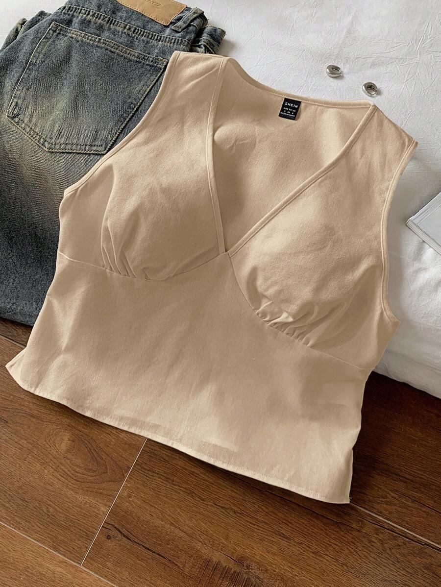 BEŻOWY TOP BEZ RĘKAWÓW v-neck