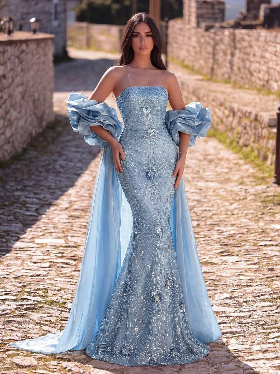 NIEBIESKA MAXI SUKIENKA z trenem na ramiona