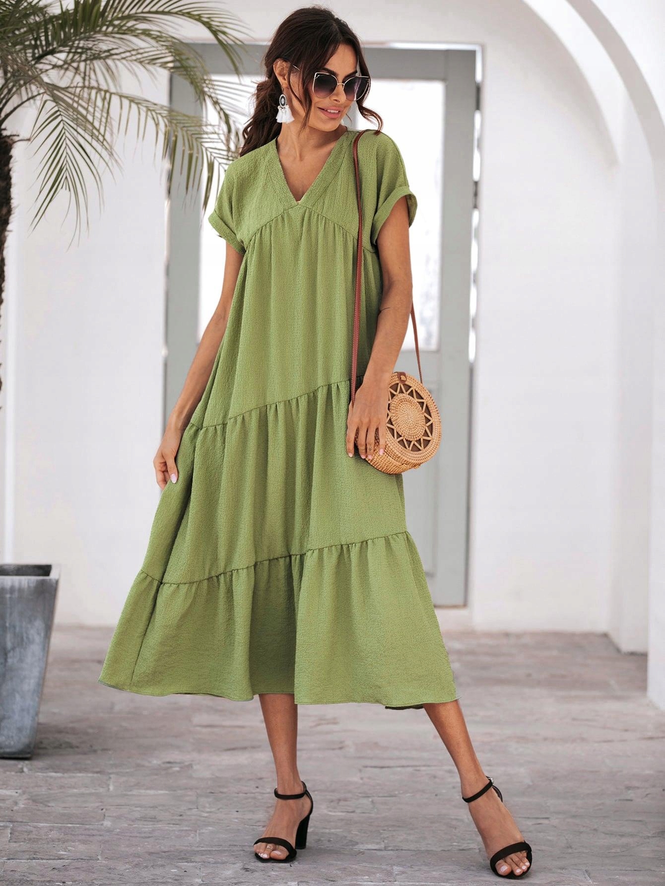 ZIELONA SUKIENKA TEKSTURA V-NECK