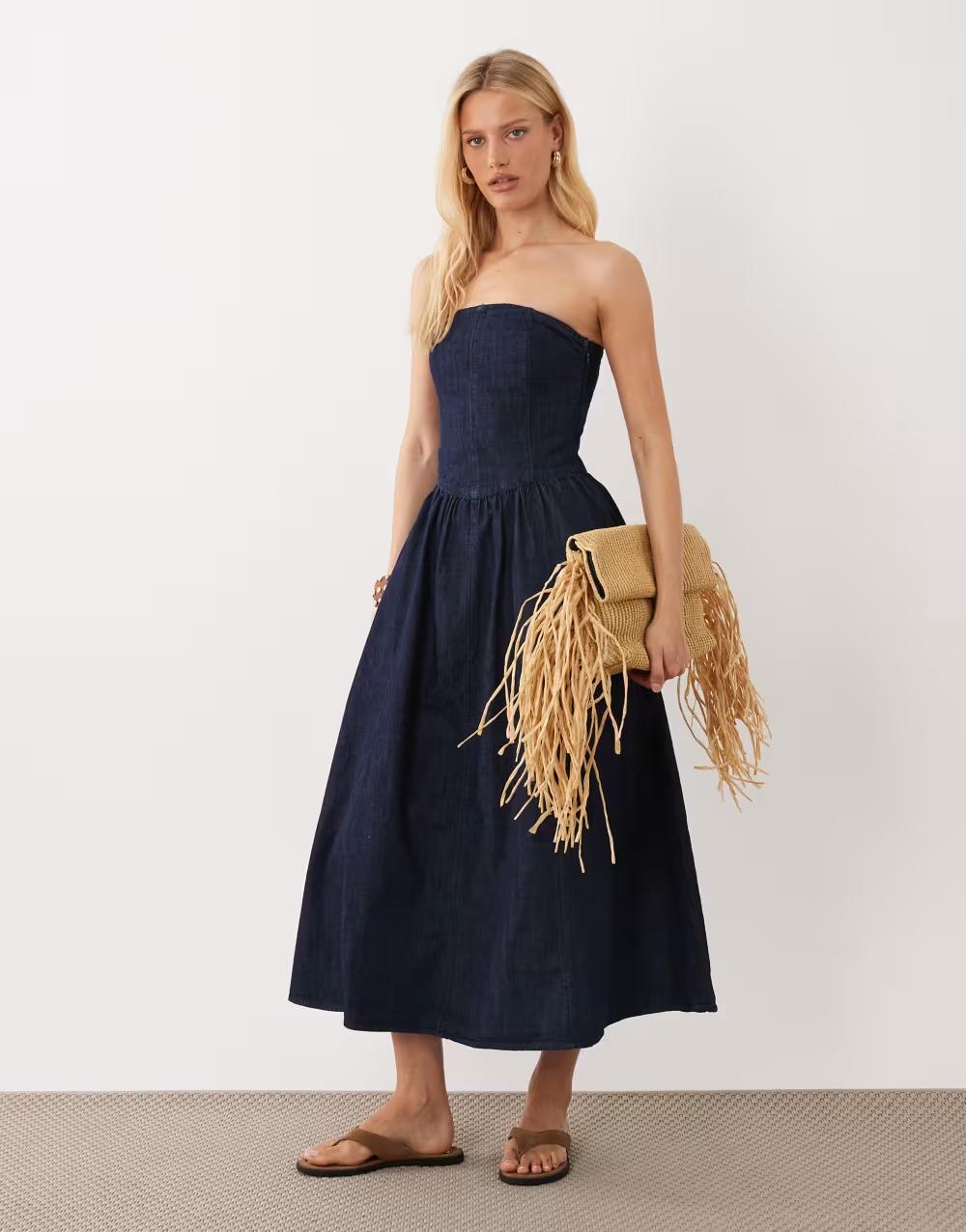 NIEBIESKA MIDI SUKIENKA JEANS ODKRYTE RAMIONA