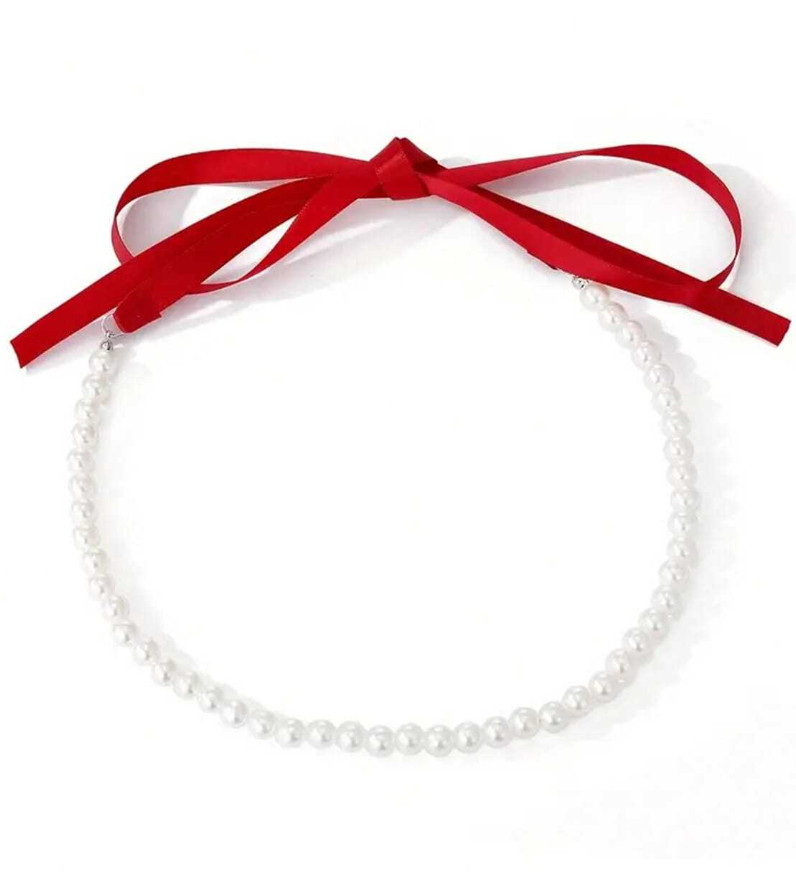 NASZYJNIK CHOKER Z PEREŁ KOKARDA 