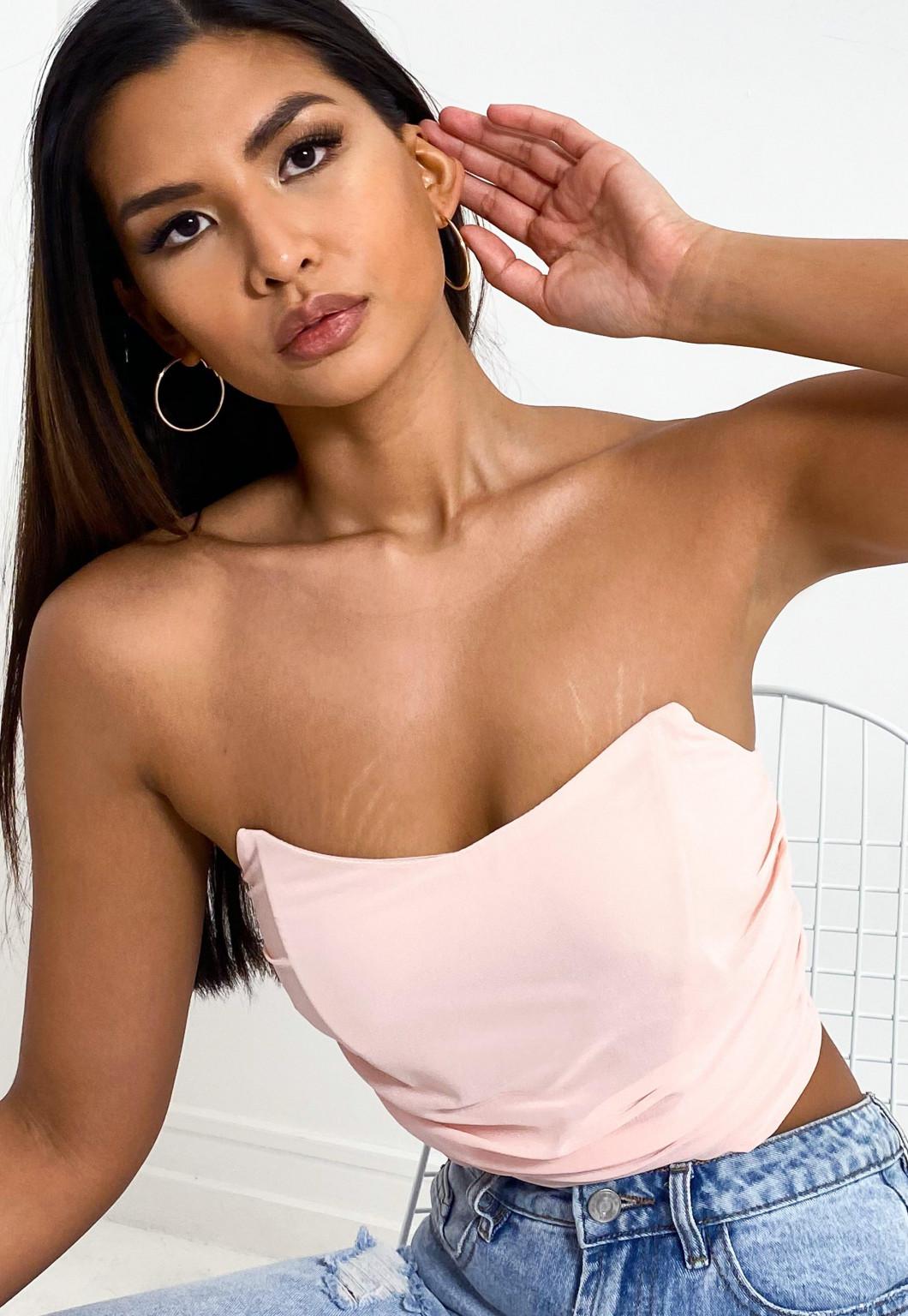 RÓŻOWY gorsetowy CROP TOP bez rękawów
