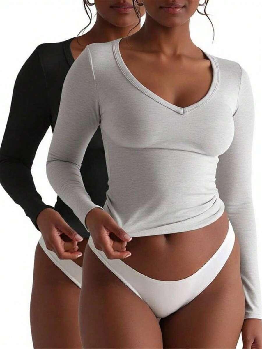 DOPASOWANA BLUZKA DŁUGI RĘKAW V NECK