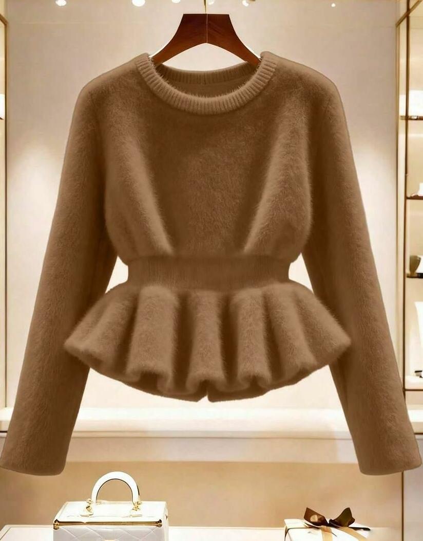 BRĄZOWY SWETER OKRĄGŁY DEKOLT 