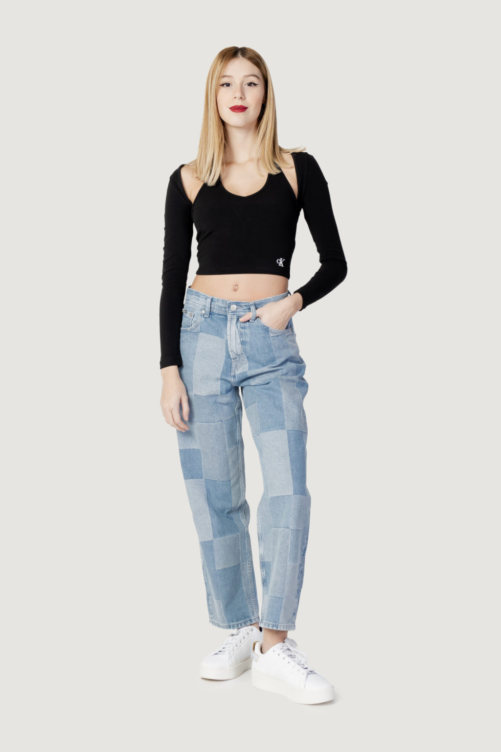 spodnie jeans wysoki stan kratka kontrast