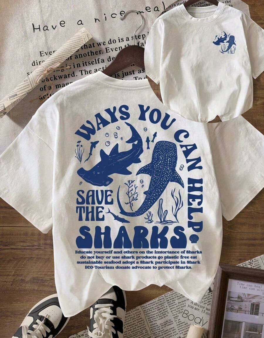 kremowy t-shirt nadruk save The Sharks
