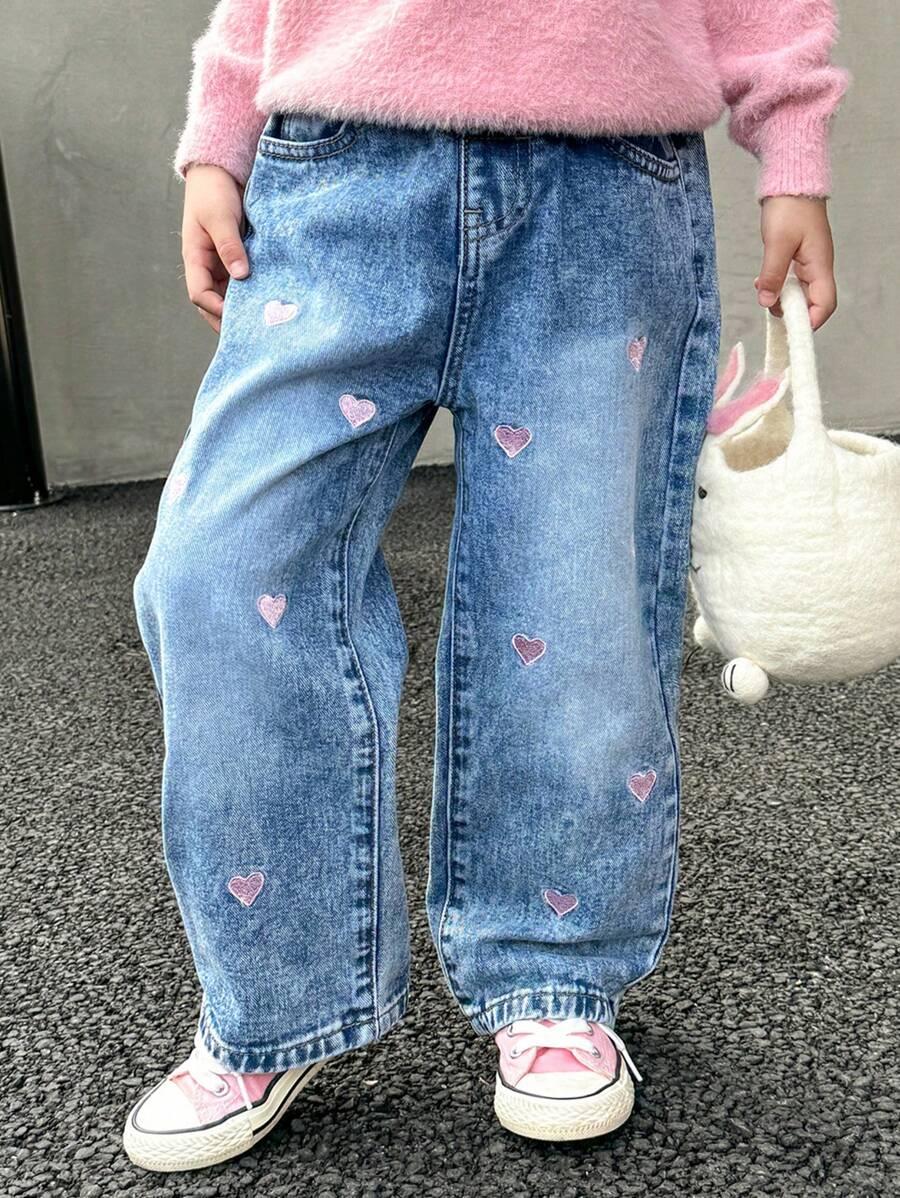 niebieskie spodnie jeans haft serca