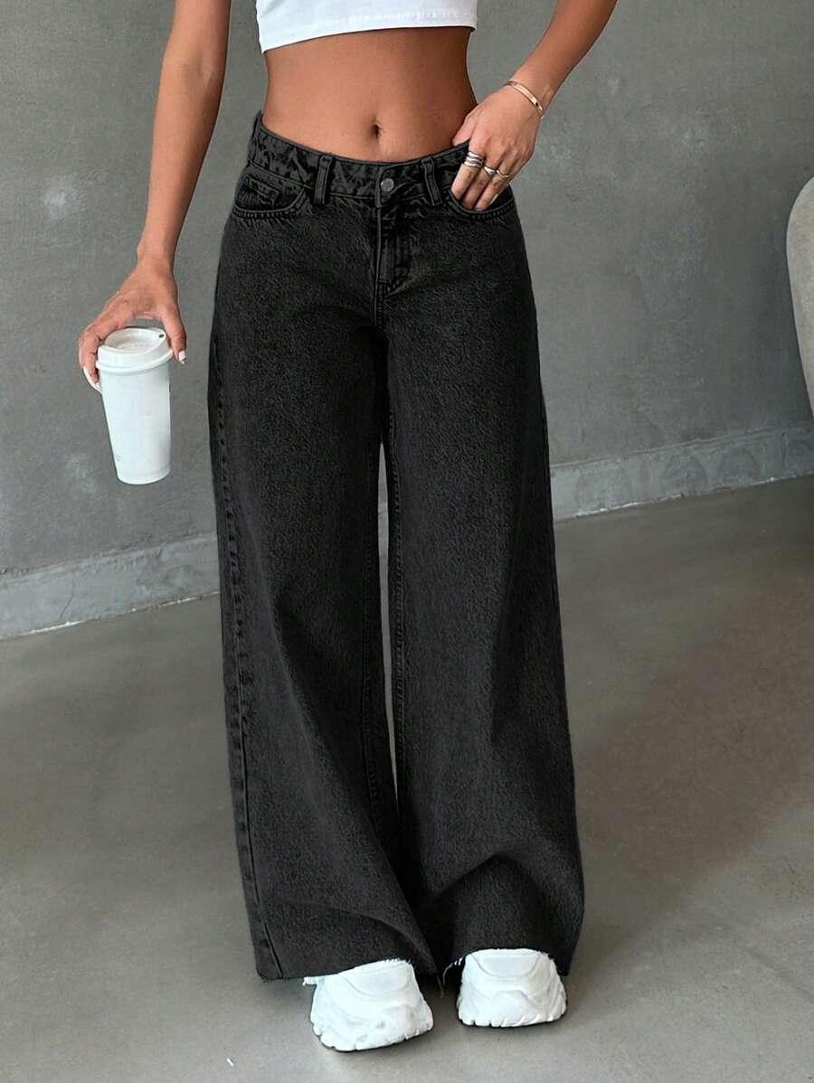 CZARNE SPODNIE JEANS SZEROKIE NOGAWKI 