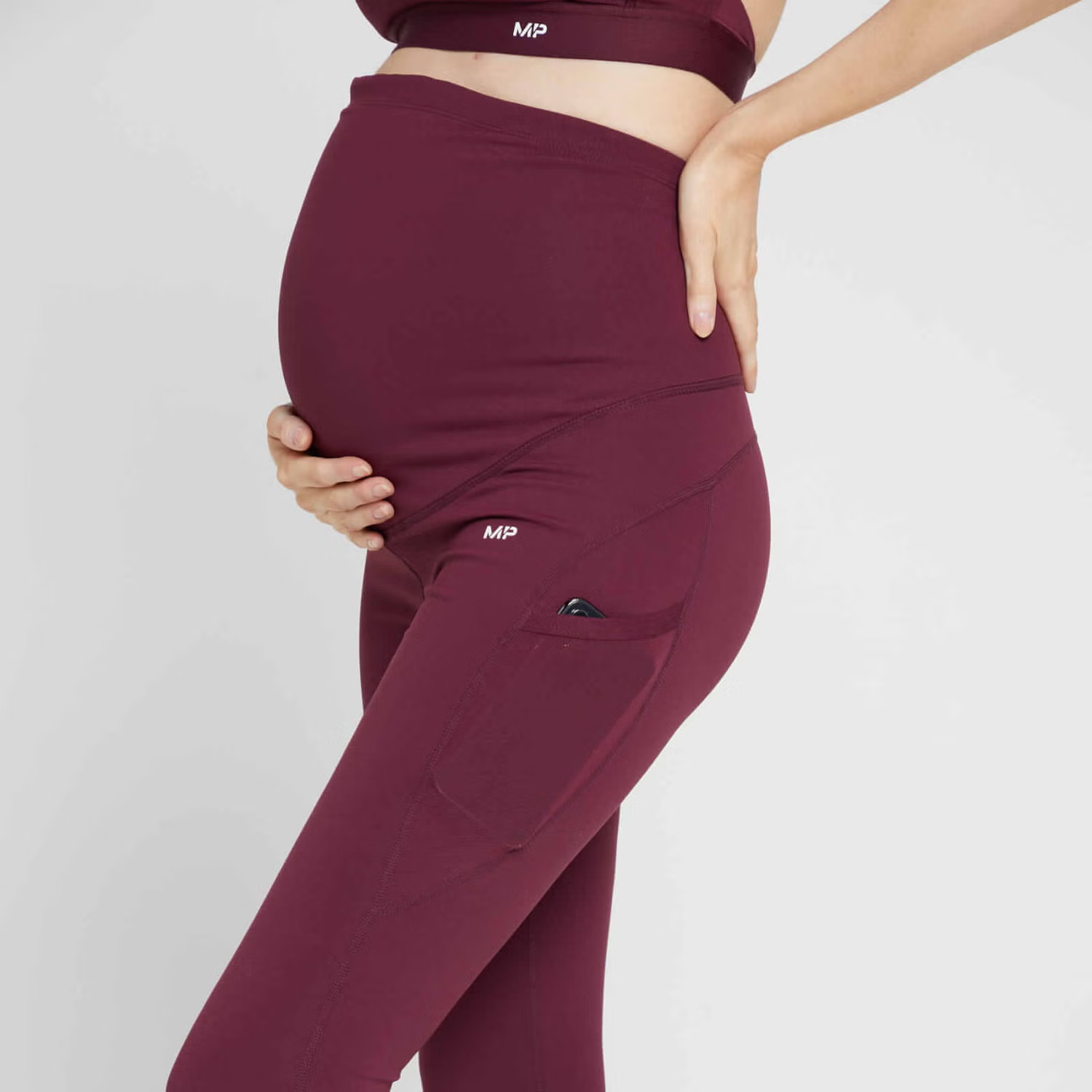 bordowe ciążowe legginsy kieszonka logo