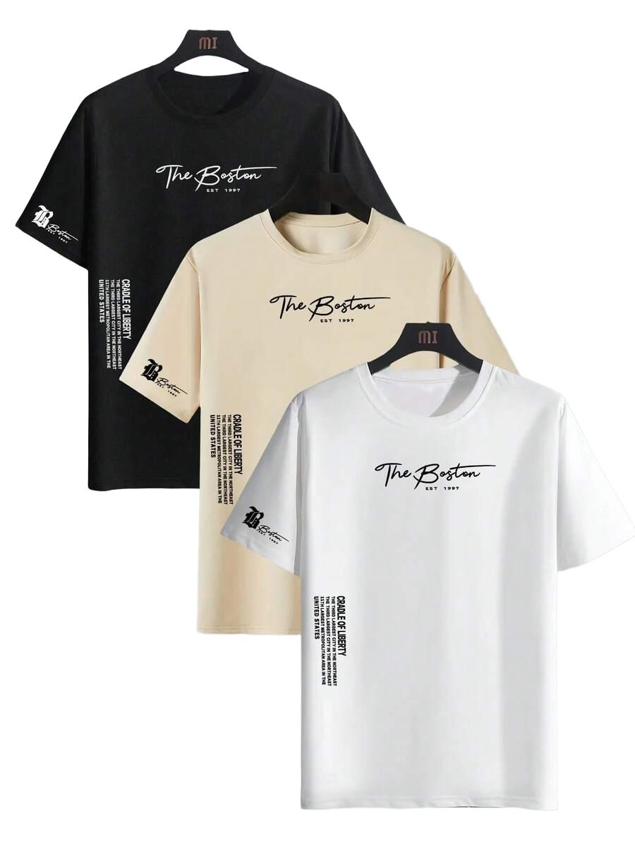 t-shirt okrągły dekolt nadruk 3-pack