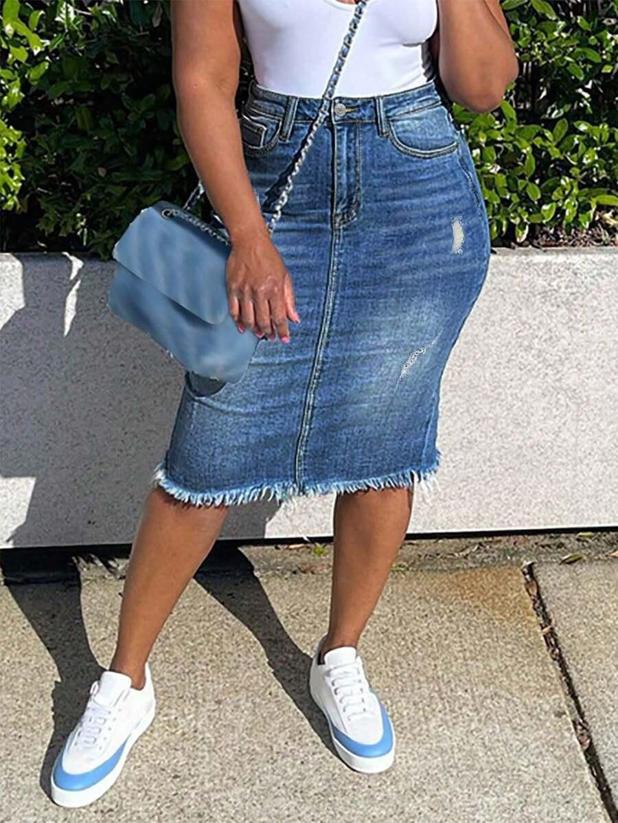 NIEBIESKA SPÓDNICA JEANS PRZETARCIA 