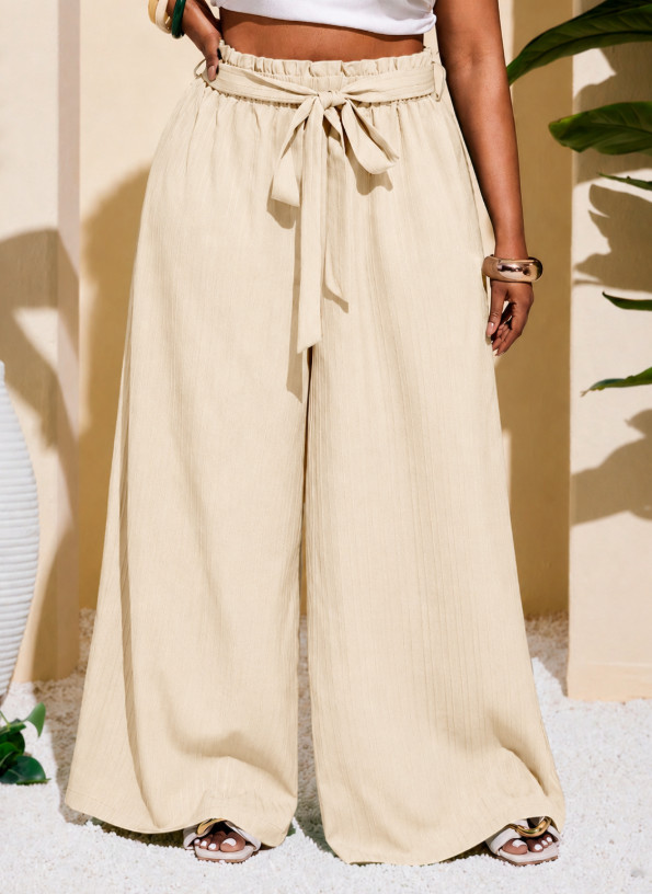 kremowe spodnie wide leg tekstura wysoki stan