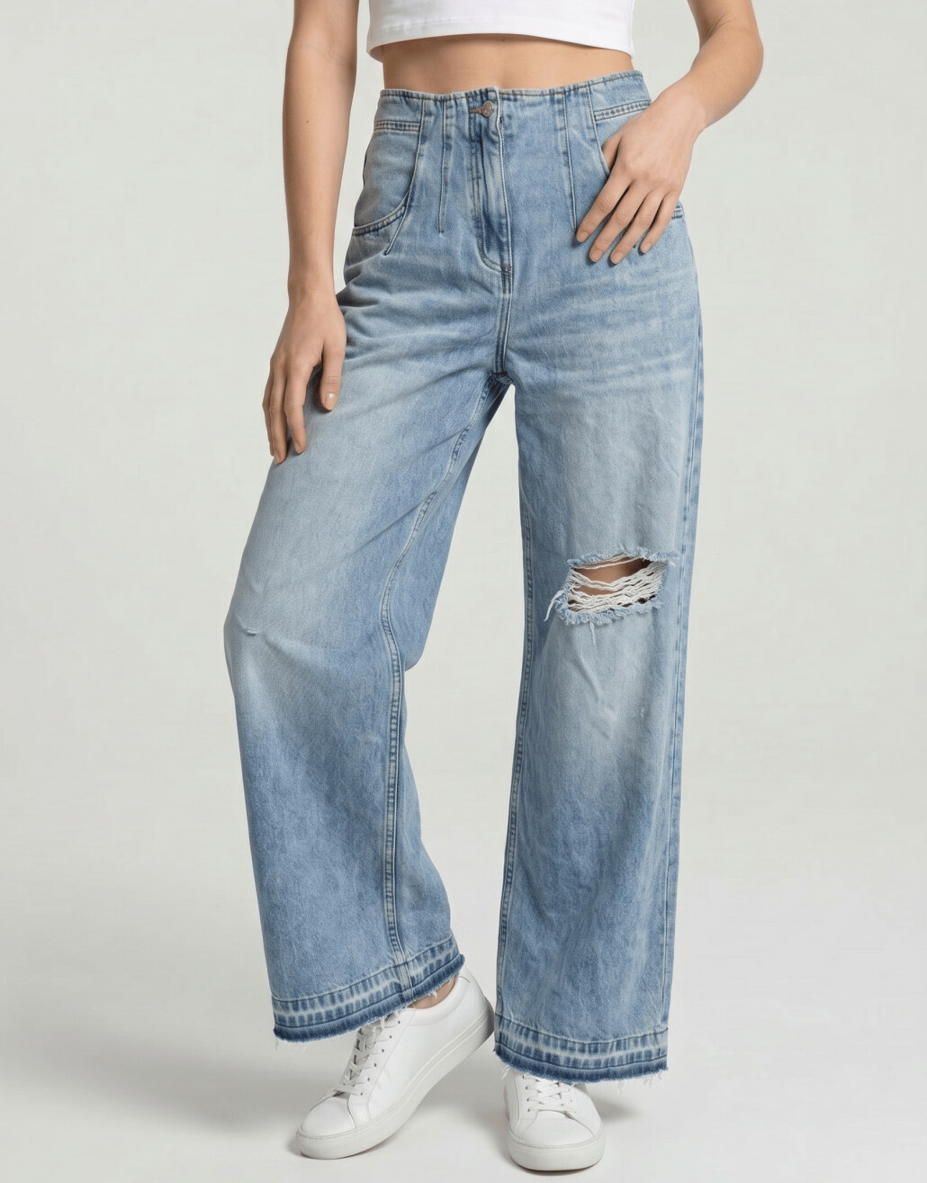 SPODNIE WYSOKI STAN JEANS OZDOBNE SZWY PRZETARCIA