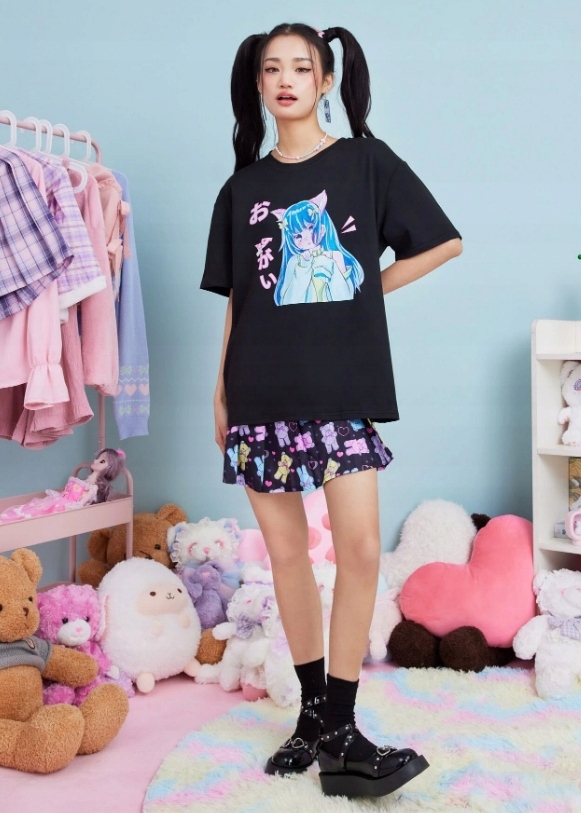 CZARNY T-SHIRT PRINT PIŻAMA