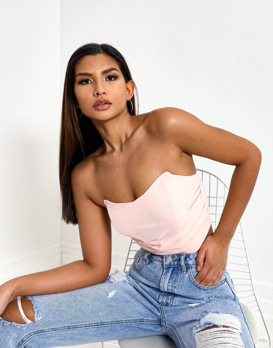RÓŻOWY gorsetowy CROP TOP bez rękawów