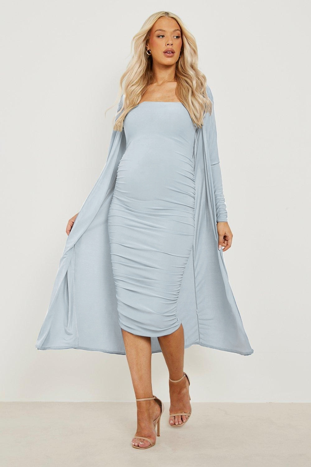 ciążowy komplet niebieska sukienka marszczenia narzutka
