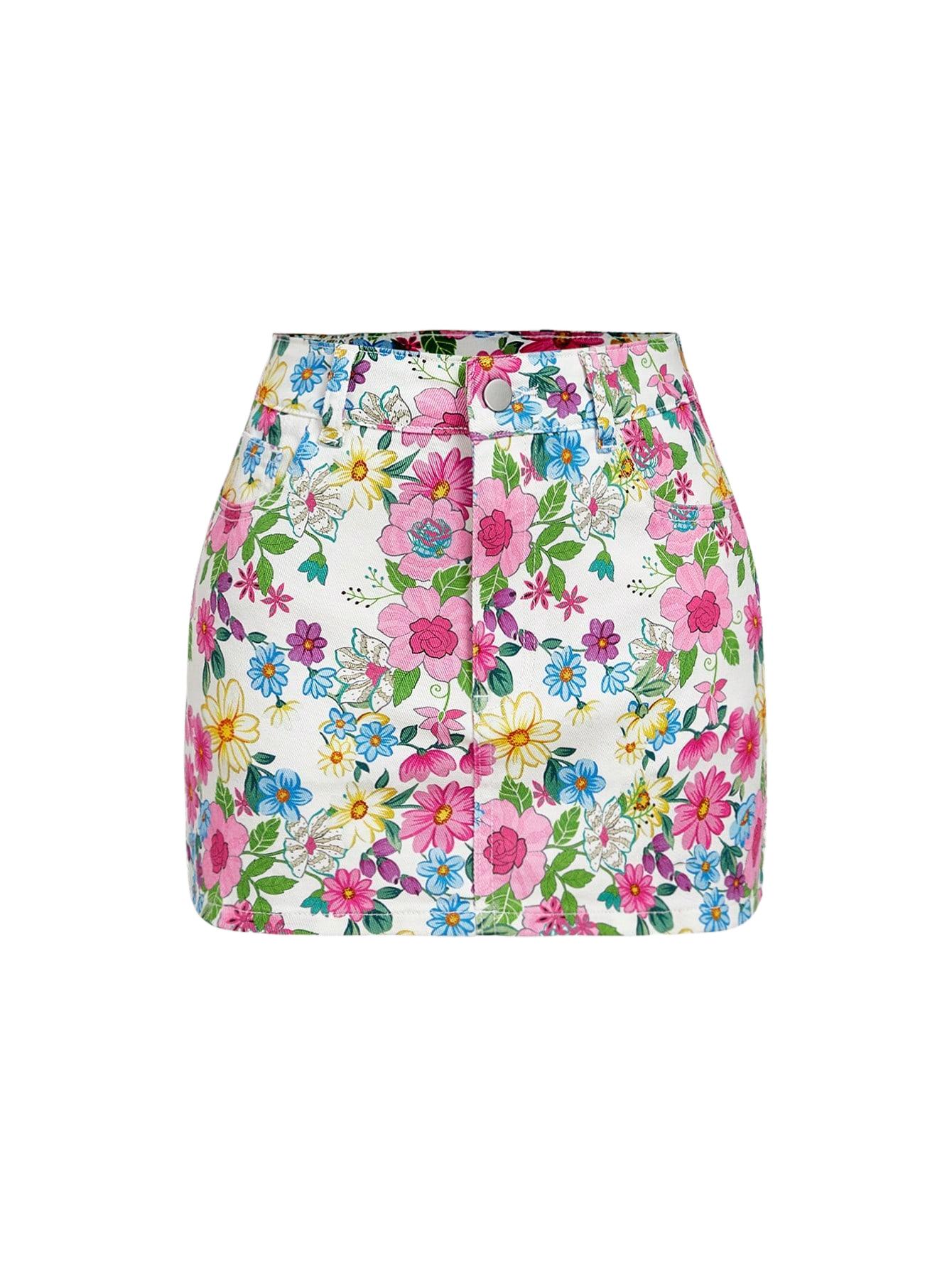 SPÓDNICA MINI PROSTA BAWEŁNIANA W KWIATY