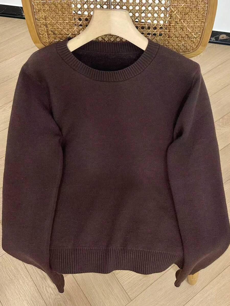 ocieplany BRĄZOWY SWETER OKRĄGŁY DEKOLT