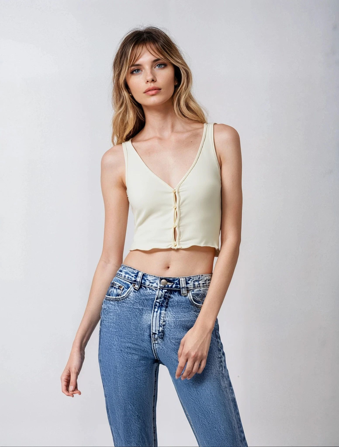 BEŻOWY CROP TOP GUZIKI