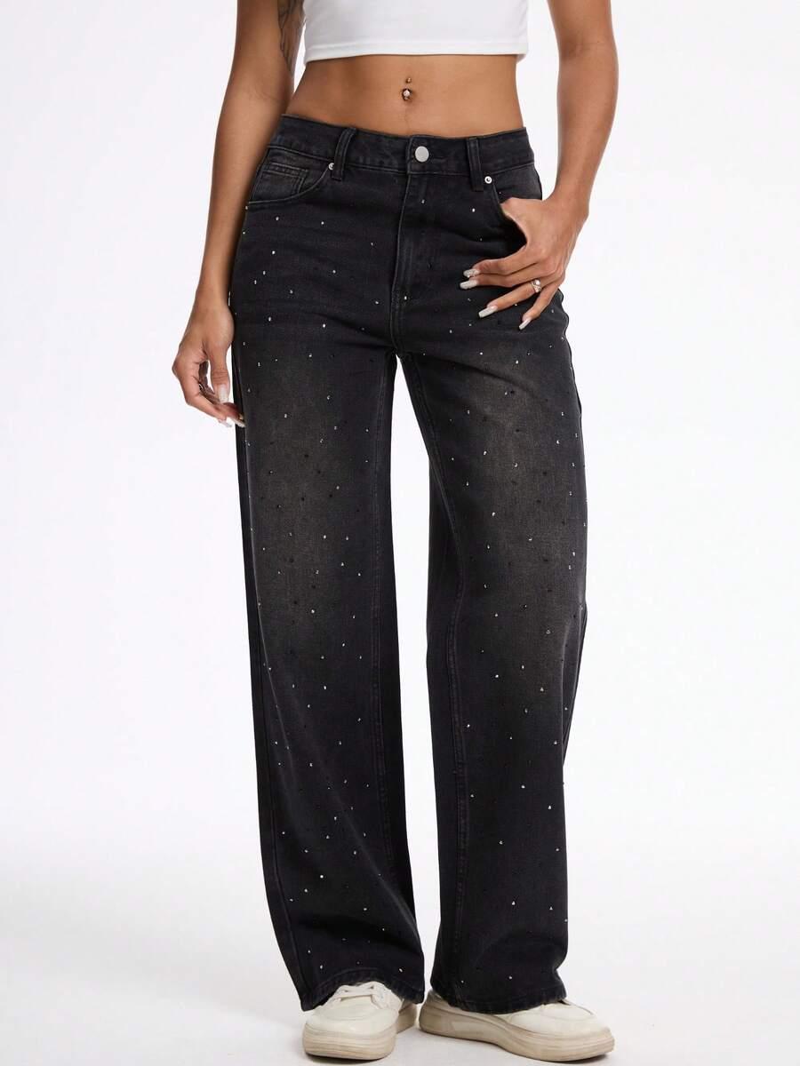 CZARNE SPODNIE JEANS ZDOBIENIE 
