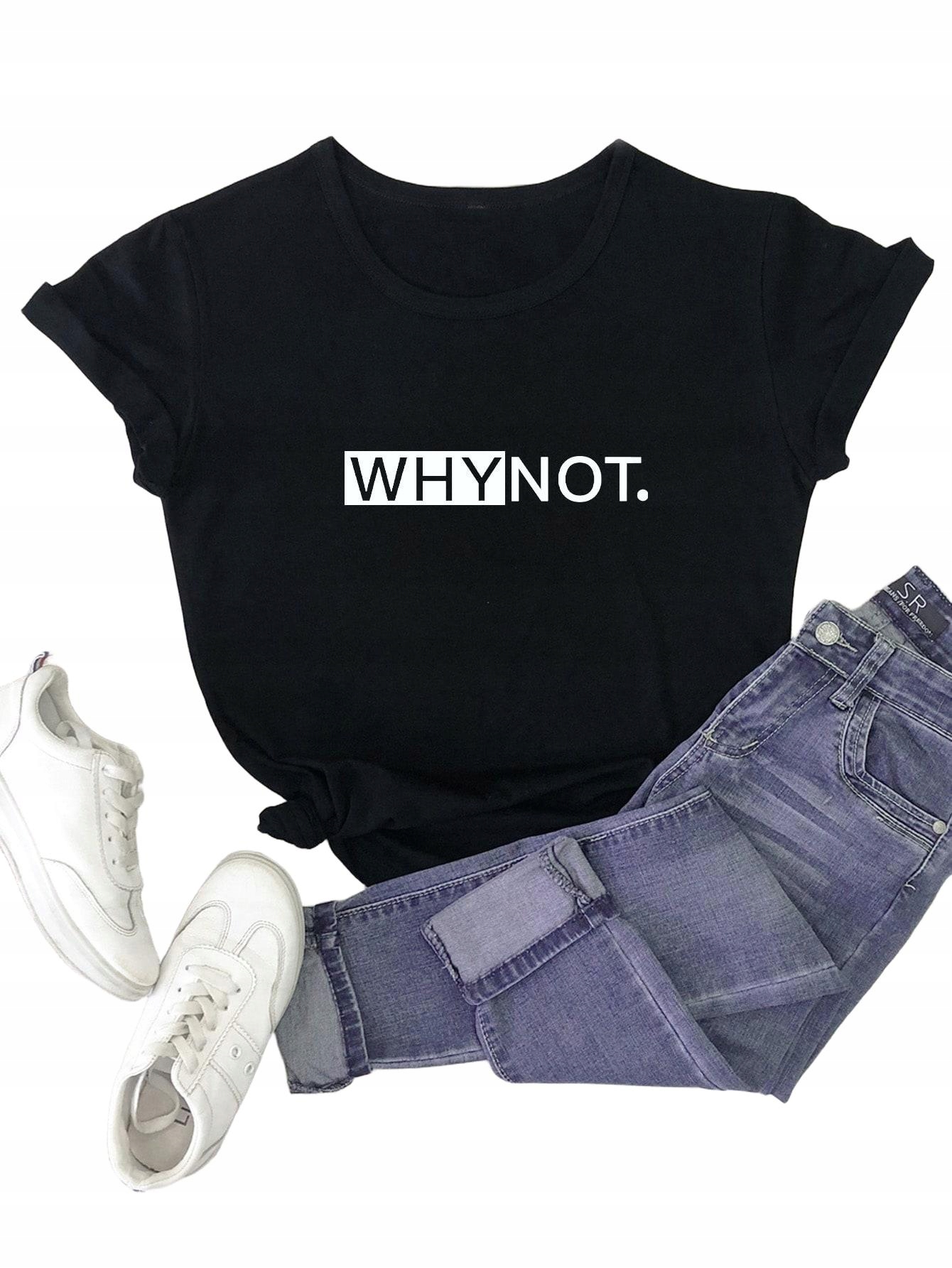 CZARNY T-SHIRT okrągły dekolt 
