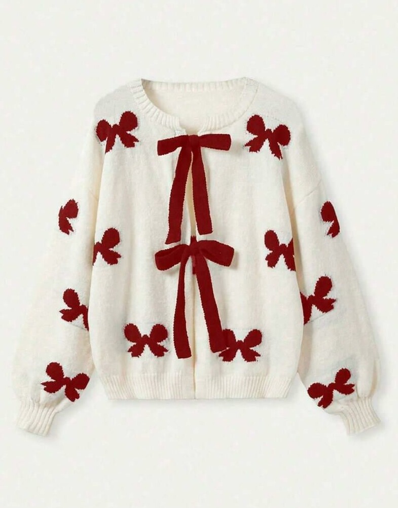 sweter długi rękaw wiązanie wzór kokardy