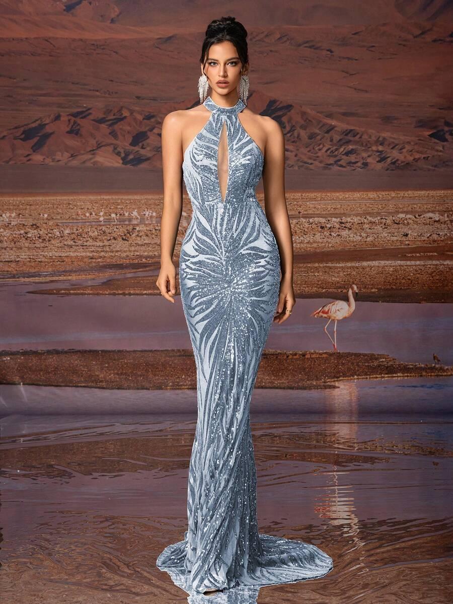niebieska maxi sukienka połysk