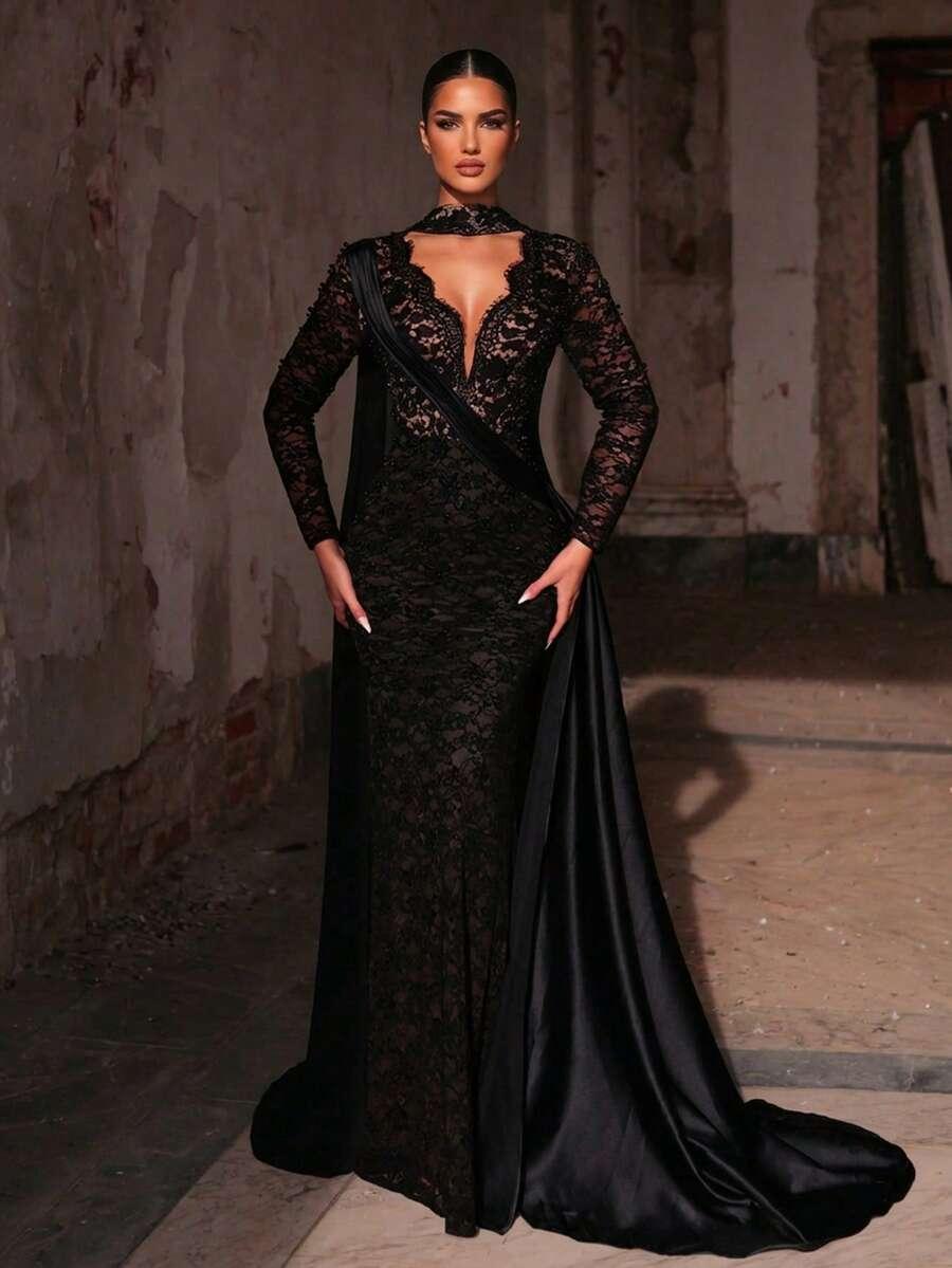 czarna maxi sukienka zdobienia