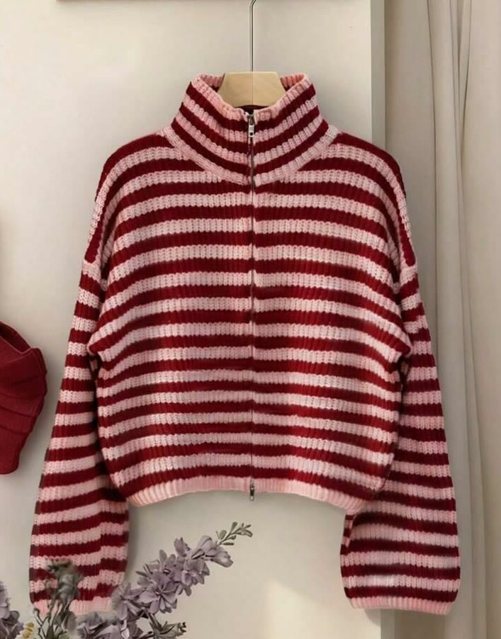 sweter długi rękaw zip wzór paski