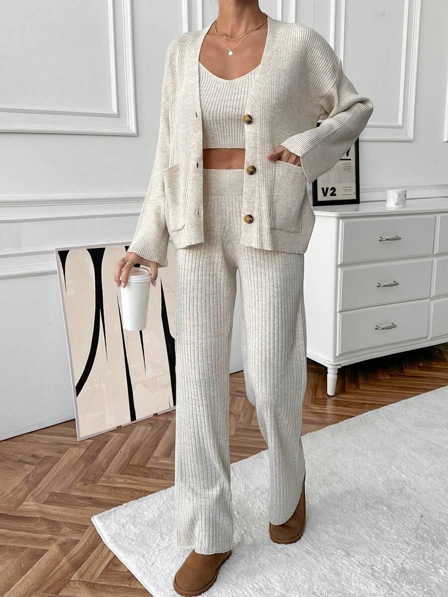 DZIANINOWY KOMPLET SWETER TOP SPODNIE