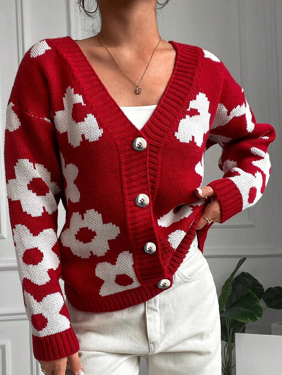 CZERWONY SWETER KWIATY 