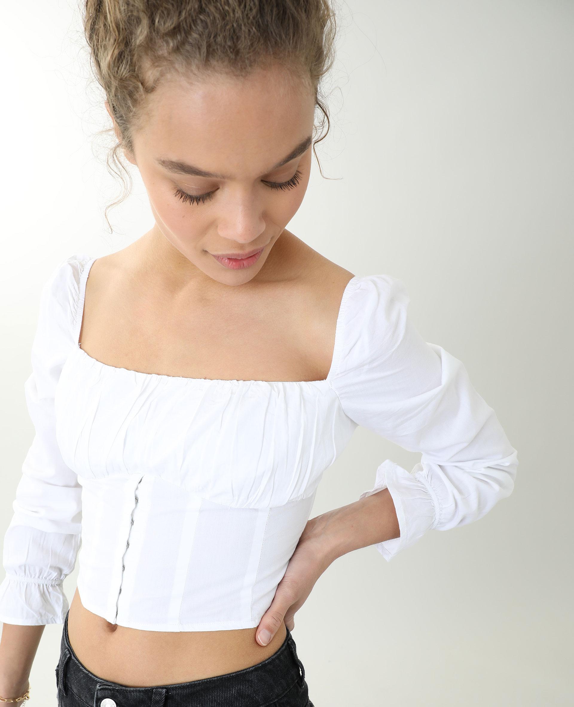 crop top długi rękaw marszczenia haftki